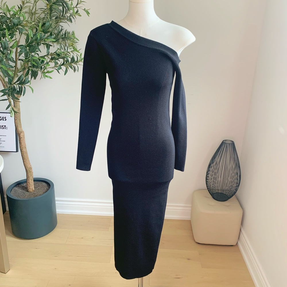 ZARA Black One Shoulder Knit Midi Dress Size S